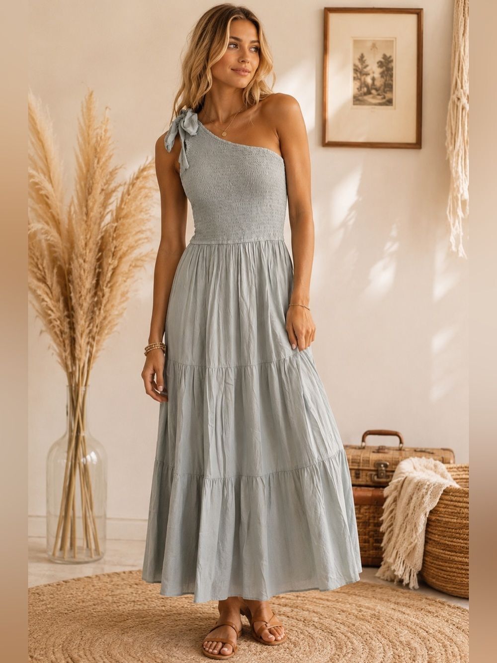 One-Shoulder Tie-Smock Maxi Dress in Light Sage